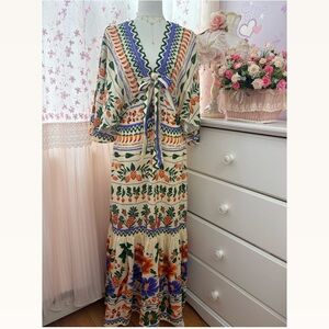 Farm Rio Anthropologie Tropical Print Kaftan Maxi Cutout Dress